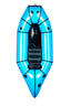 A bright blue inflatable raft with black trim and a black seat, shown from a top-down view on a white background.