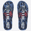 A pair of Animal flip-flops with a dark blue and black graphic design, featuring a large distressed white 'Animal' logo and a red graphic accent on the footbeds.