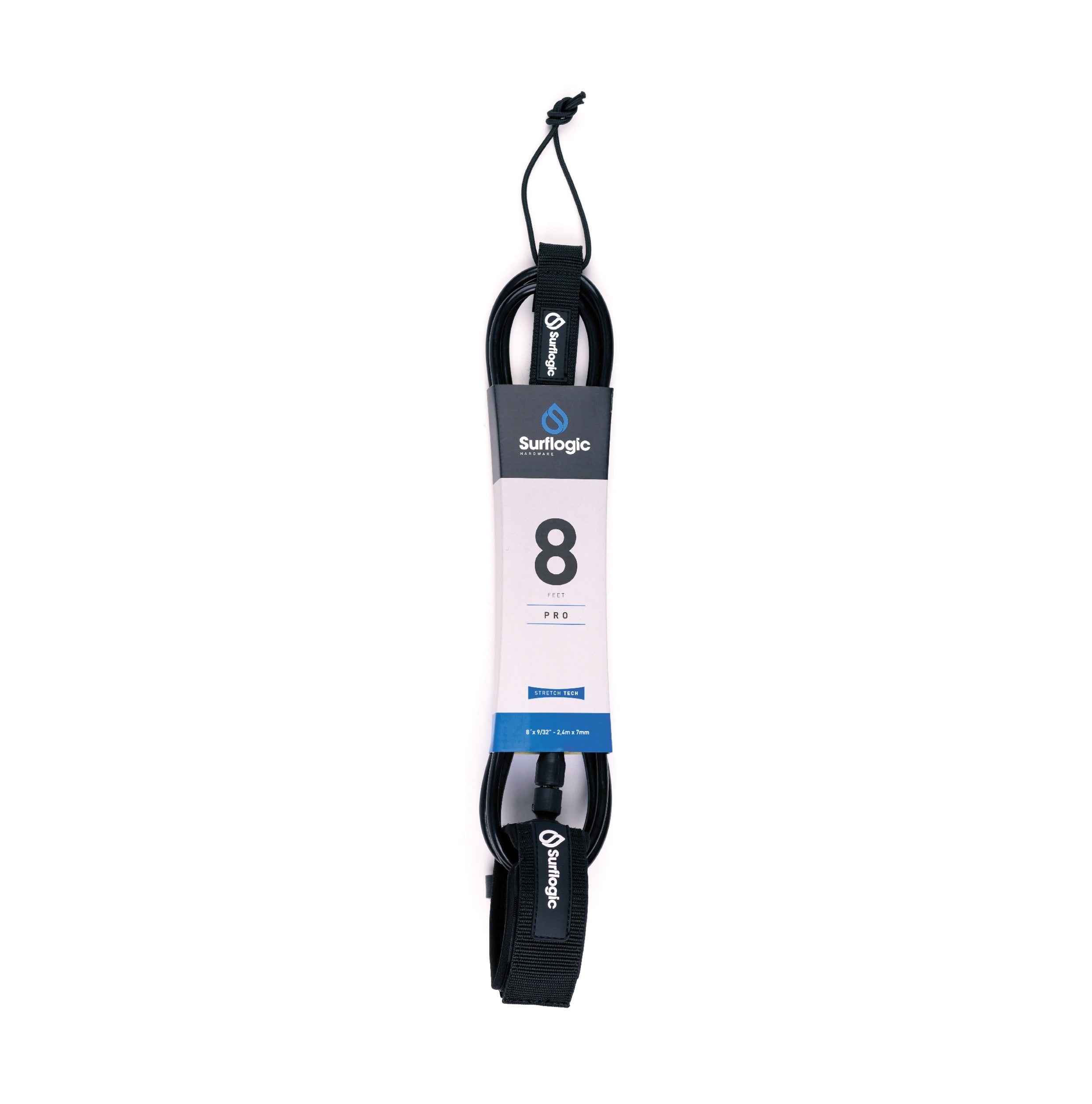 Get On The Water UK Surflogic Pro 8ft black surf leash with non-slip cuff and double stainless steel swivels.