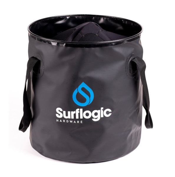 A black collapsible Surflogic bucket bag with carrying handles and a printed blue and white Surflogic Hardware logo on the front. Main image
