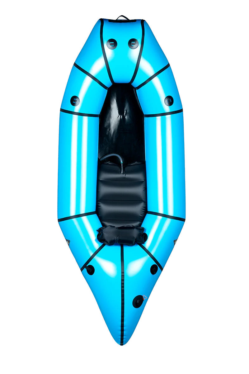 A bright blue inflatable raft with black trim and a black seat, shown from a top-down view on a white background. Main image