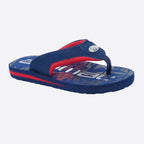 A single kids' flip-flop sandal by Animal, featuring a navy blue strap and sole with red accents and a distressed graphic pattern.