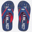 A pair of blue and red flip-flop sandals with white 'Animal' branding on the soles.