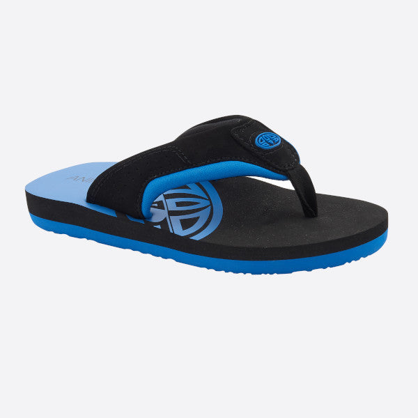 A black and blue flip-flop sandal with a black strap, blue trim, and a black footbed featuring a blue graphic logo