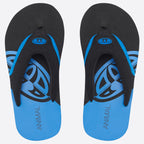A pair of black and blue flip-flop sandals with name 'ANIMAL' printed on the sole