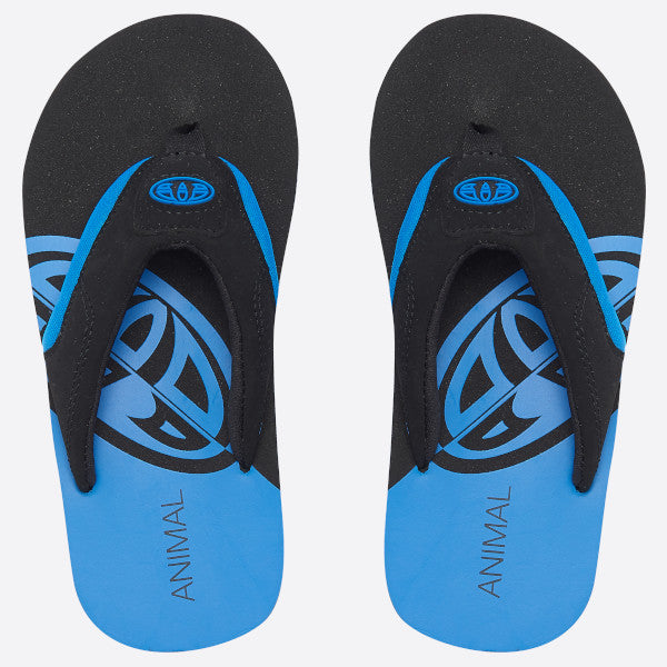 A pair of black and blue flip-flop sandals with name 'ANIMAL' printed on the sole