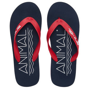 A pair of navy blue flip-flops with red straps and white graphic patterns Main image